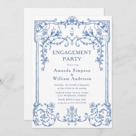 グレースビクトリアンダスティ華美ブルー婚約パーティ 招待状 (正面/裏面)