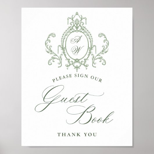 グレースビクトリアン華美フローラグリーンゲストブックサイン ポスター (正面)