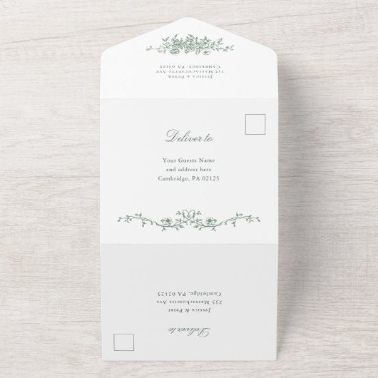 グレースビクトリアン華美フローラセージ結婚グリーン オールインワン招待状 (外側)