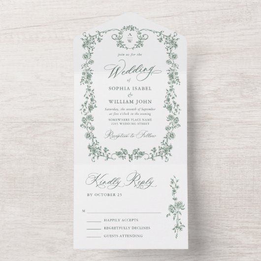 グレースビクトリアン華美フローラセージ結婚グリーン オールインワン招待状 (内側)