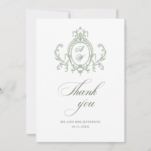 グレースビクトリアン華美フローラセージ結婚グリーン サンキューカード (正面)
