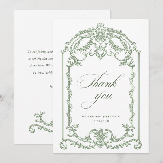 グレースビクトリアン華美フローラセージ結婚グリーン サンキューカード (正面/裏面)