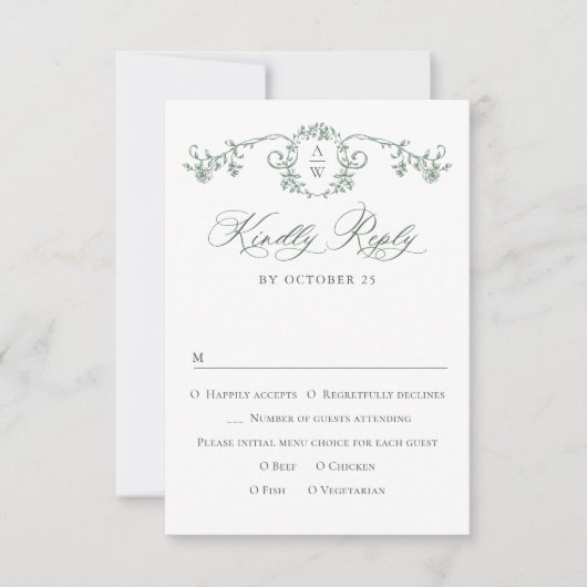 グレースビクトリアン華美フローラセージ結婚グリーン 出欠カード (正面)