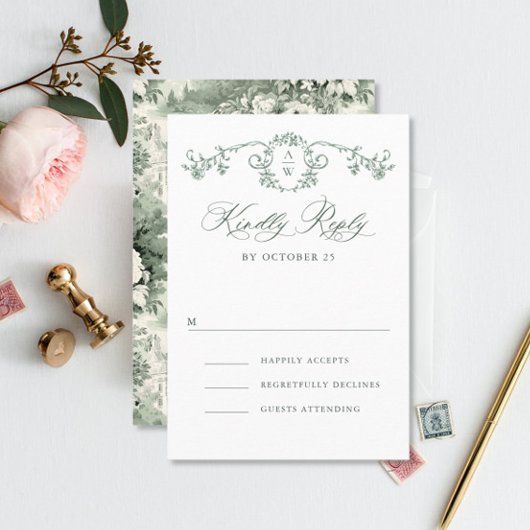 グレースビクトリアン華美フローラセージ結婚グリーン 出欠カード