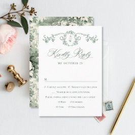 グレースビクトリアン華美フローラセージ結婚グリーン 出欠カード