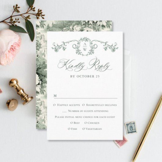 グレースビクトリアン華美フローラセージ結婚グリーン 出欠カード