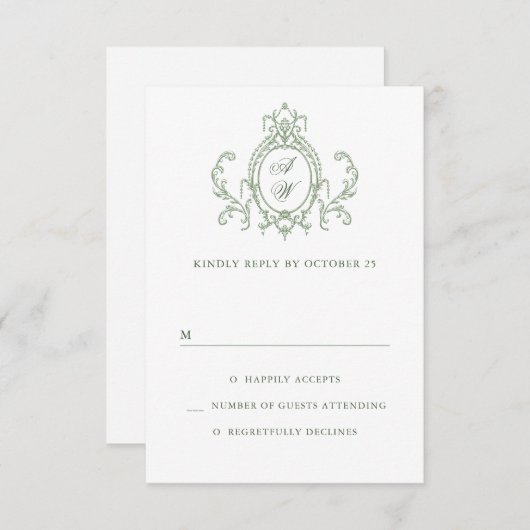 グレースビクトリアン華美フローラセージ結婚グリーン 出欠カード (正面/裏面)