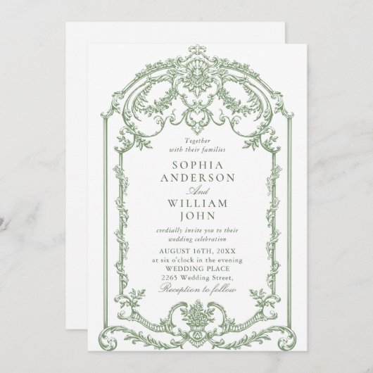 グレースビクトリアン華美フローラセージ結婚グリーン 招待状 (正面/裏面)