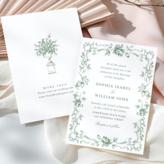 グレースビクトリアン華美フローラセージ結婚グリーン 招待状