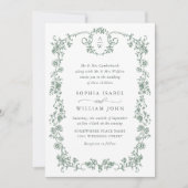 グレースビクトリアン華美フローラセージ結婚グリーン 招待状 (正面)