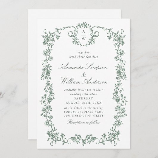 グレースビクトリアン華美フローラセージ結婚グリーン 招待状 (正面/裏面)