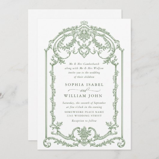 グレースビクトリアン華美フローラセージ結婚グリーン 招待状 (正面/裏面)