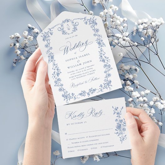 グレースビクトリアン華美フローラダスティブルー結婚ズ オールインワン招待状