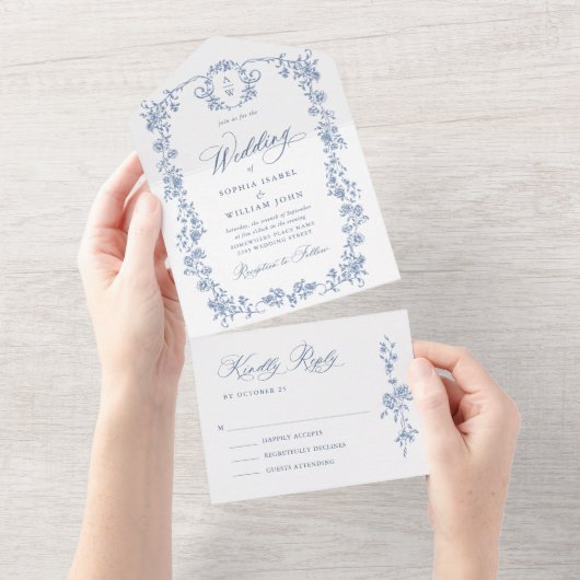 グレースビクトリアン華美フローラダスティブルー結婚ズ オールインワン招待状 (貼ってはがせる)