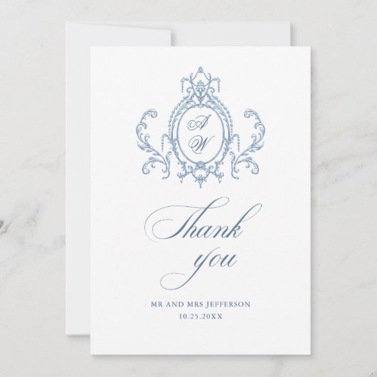 グレースビクトリアン華美フローラダスティブルー結婚ズ サンキューカード (正面)