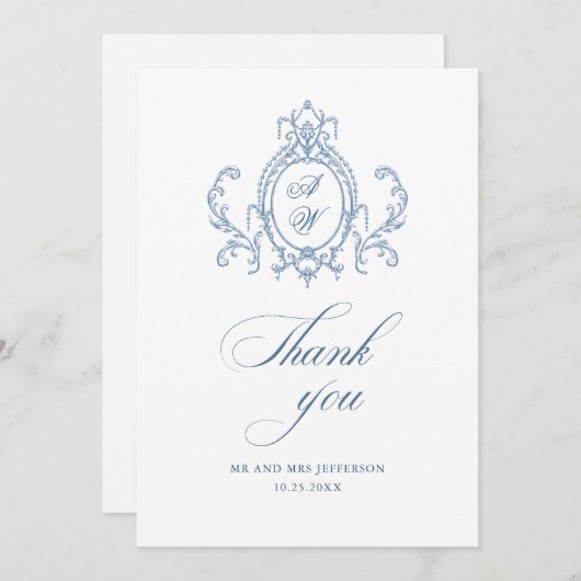 グレースビクトリアン華美フローラダスティブルー結婚ズ サンキューカード (正面/裏面)