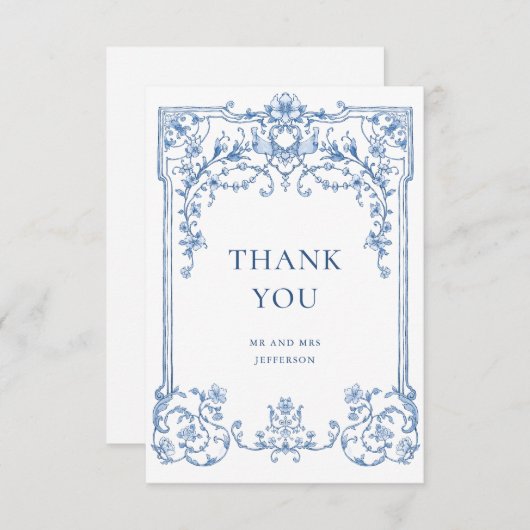 グレースビクトリアン華美フローラダスティブルー結婚ズ サンキューカード (正面/裏面)