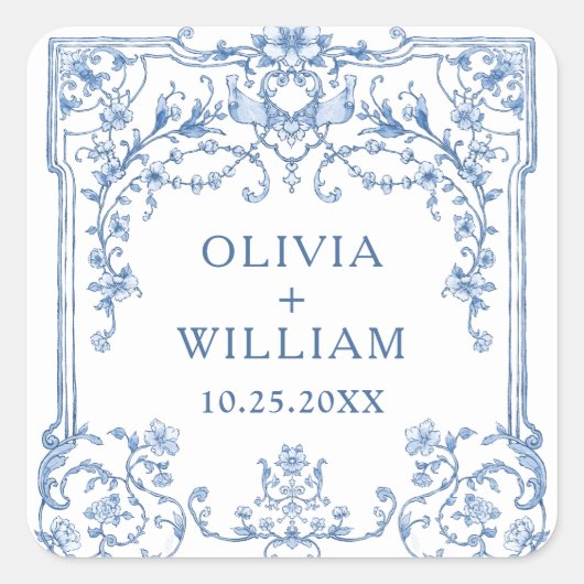 グレースビクトリアン華美フローラダスティブルー結婚ズ スクエアシール (正面)