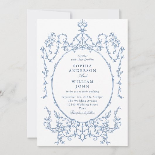グレースビクトリアン華美フローラダスティブルー結婚ズ 招待状 (正面)