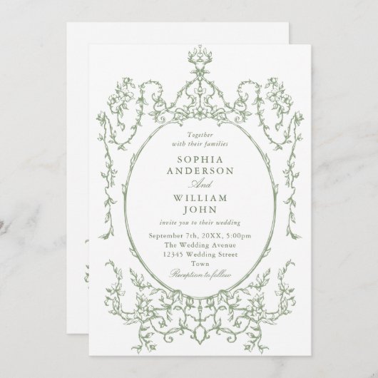 グレースビクトリアン華美フローラダスティブルー結婚ズ 招待状 (正面/裏面)