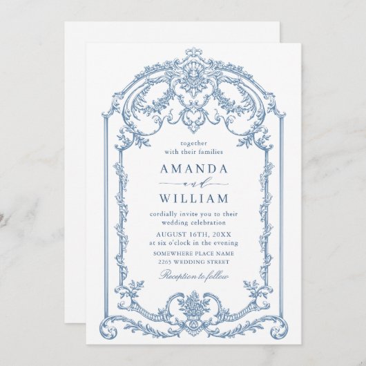 グレースビクトリアン華美フローラダスティブルー結婚ズ 招待状 (正面/裏面)