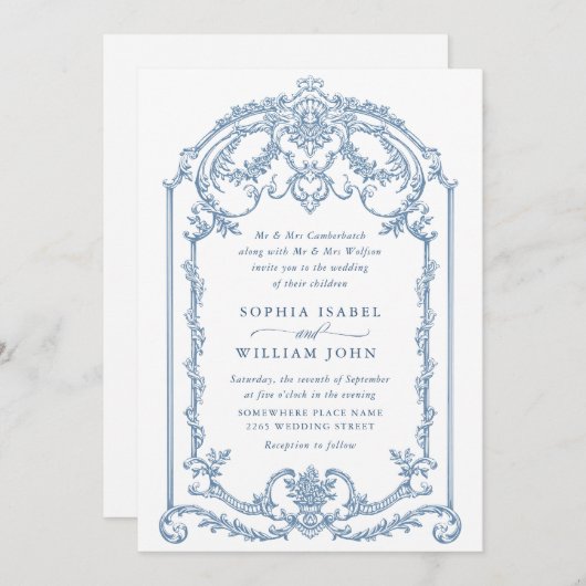 グレースビクトリアン華美フローラダスティブルー結婚ズ 招待状 (正面/裏面)