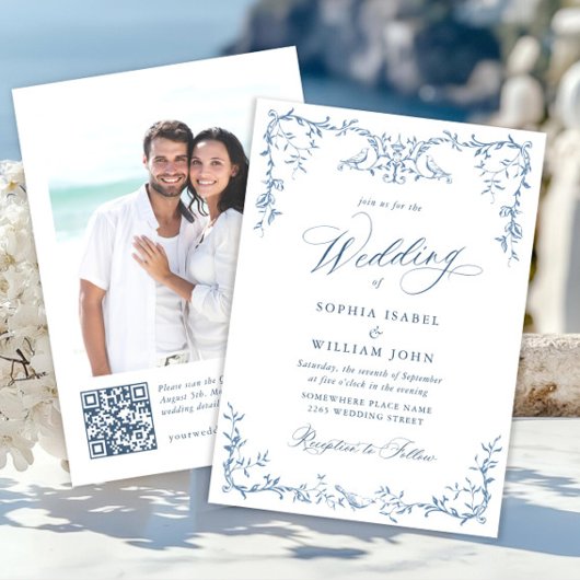 グレースビクトリアン華美フローラダスティブルー結婚ズ 招待状