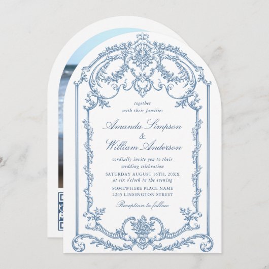 グレースビクトリアン華美フローラダスティブルー結婚ズ 招待状 (正面/裏面)