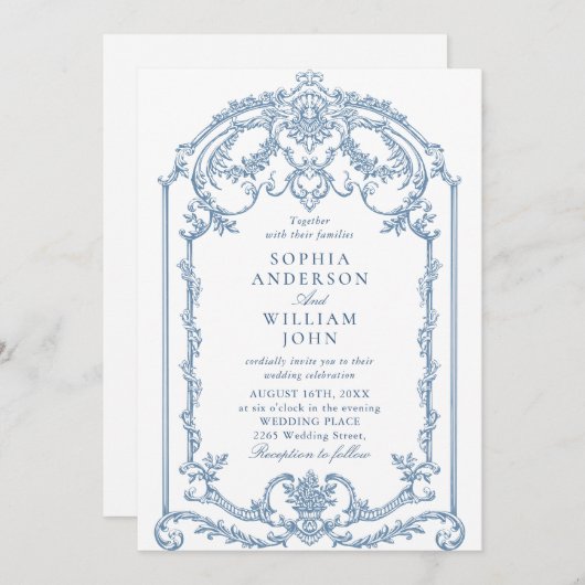 グレースビクトリアン華美フローラダスティブルー結婚ズ 招待状 (正面/裏面)