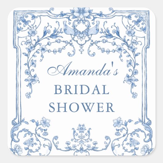 グレースビクトリアン華美フローラブルーブライダルシャワー スクエアシール (正面)