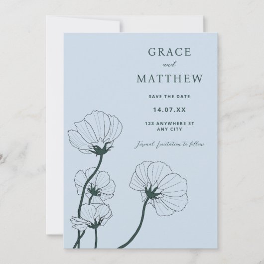 グレースボモダンタニカルブルー結婚式招待状 招待状 (正面)