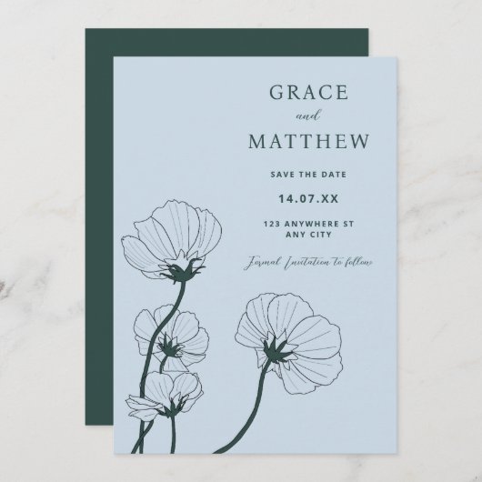 グレースボモダンタニカルブルー結婚式招待状 招待状 (正面/裏面)