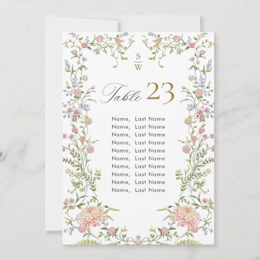 グレース華美パステル赤面フローラシーティングチャートカード 招待状 (正面)