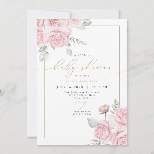 グレース赤面フローラと金ゴールドガールベビーシャワー 招待状 (正面)