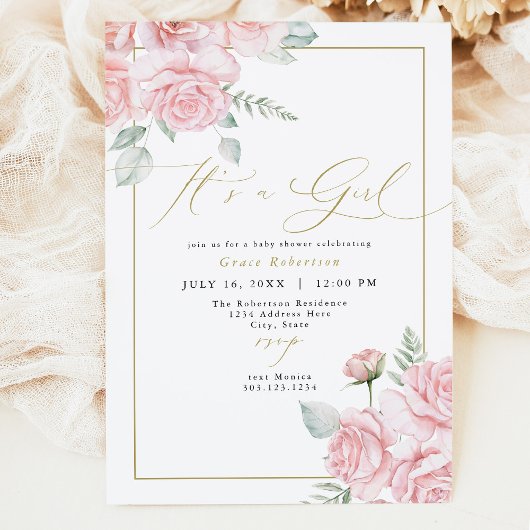 グレース赤面フローラ金ゴールド女の子ベビーシャワー 招待状