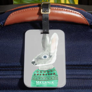 グレーセーターの水彩ウサギの名入れデザイン ラゲッジタグ