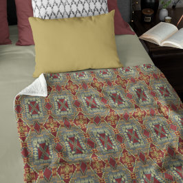 グレータンブラウンオークレーアイボリーレッドトライバルアートパターン フリースブランケット