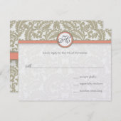 グレーダマスクとコーラル&グレーウェディングRSVP 出欠カード (正面/裏面)
