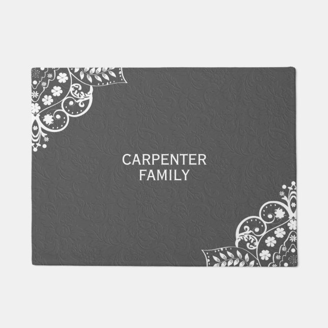 グレーダマスクとホワイトフローラレース ドアマット (正面)