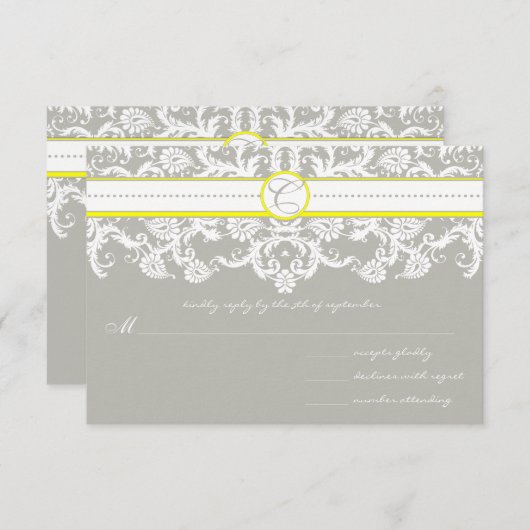 グレーダマスク渦巻き明るい黄色の結婚式RSVP 出欠カード (正面/裏面)