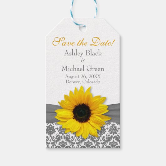 グレーダマスク黄色ひまわり結婚式の日付を保存 ギフトタグ (正面)