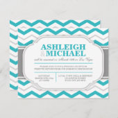 グレーチェックとターコイズのジグザグ模様の結婚式の披露宴のみの招待状 招待状 (正面/裏面)