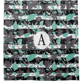 グレーティール（緑がかった色）フローラストライプモノグラムパターン シャワーカーテン