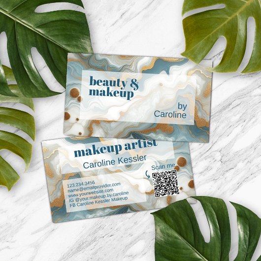 グレーティール(緑がかった色)ブルー金ゴールドホワイトマーブルアートパターン 名刺