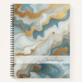 グレーティール(緑がかった色)ブルー金ゴールドマーブルアートパターン ノートブック (正面)