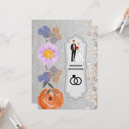 グレーテクスチャフローライスラム結婚式招待状 招待状 (正面/裏面インサイチュ)