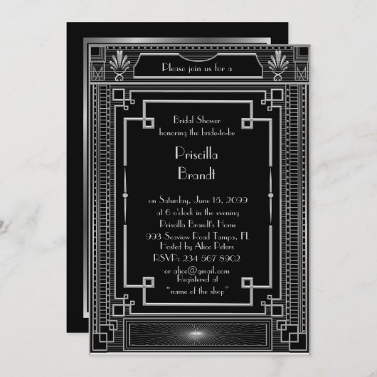 グレートギャツビー風のブライズシャワー招待状　ブラックシルバー 招待状 (正面/裏面)