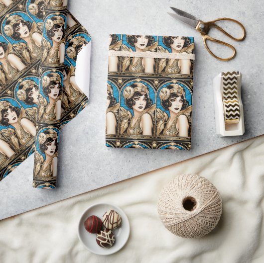 グレートギャツビー フラッパー 青 金 黒 1920年代 ラッピングペーパー (クラフト)