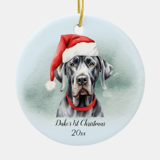 グレートダン初めてのクリスマスパーソナライズされたの水色 セラミックオーナメント (正面)