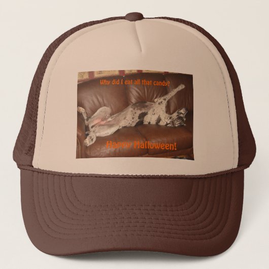 グレートダン食べーあまりにも多くのハロウィーンキャンディハット キャップ (正面)